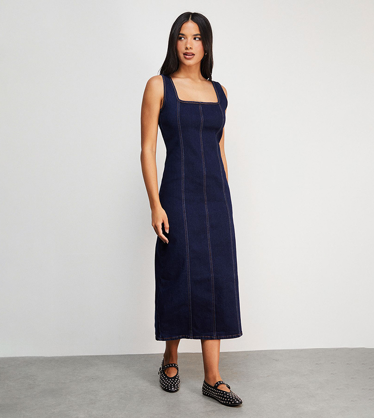 Buy Warehouse Washed Seam Detail Fitted Denim Midi Dress In Blue