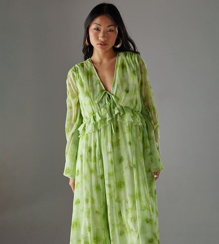 green emerald velvet dress Open Back Puff Sleeve Midi Smock Dress in Green main image 1