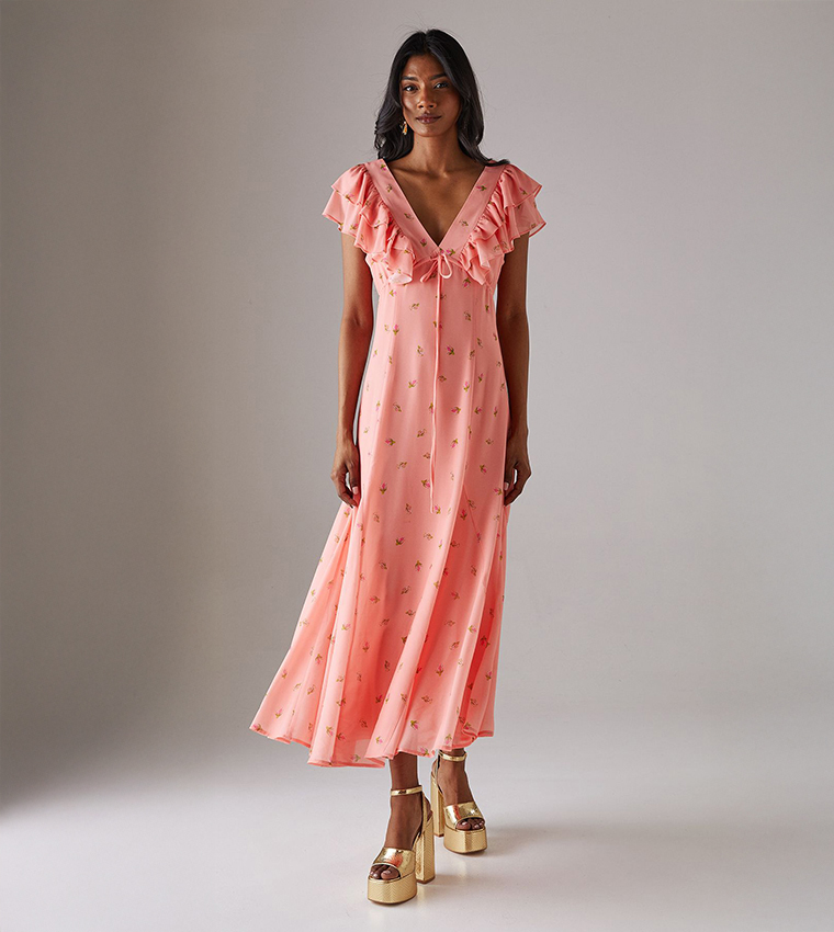 Floral Print Frill Tie Front Midi Tea Dress