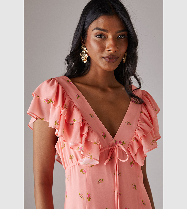 Floral Print Frill Tie Front Midi Tea Dress