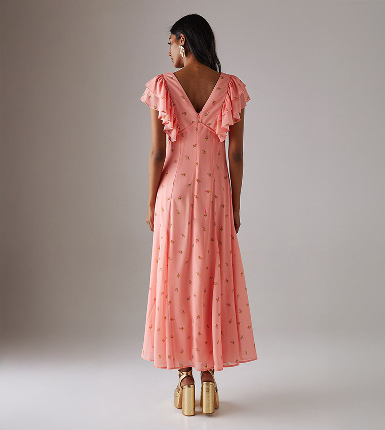 Floral Print Frill Tie Front Midi Tea Dress