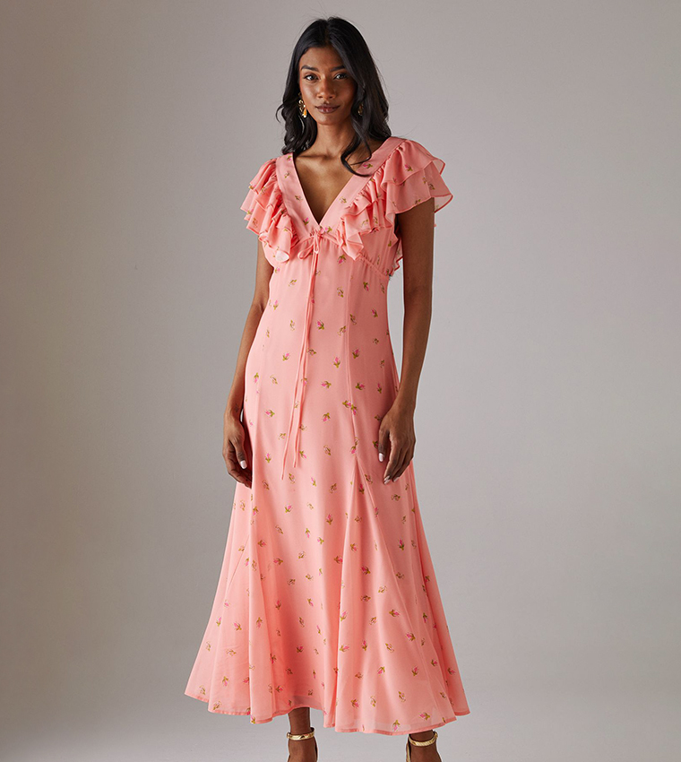 Floral Print Frill Tie Front Midi Tea Dress