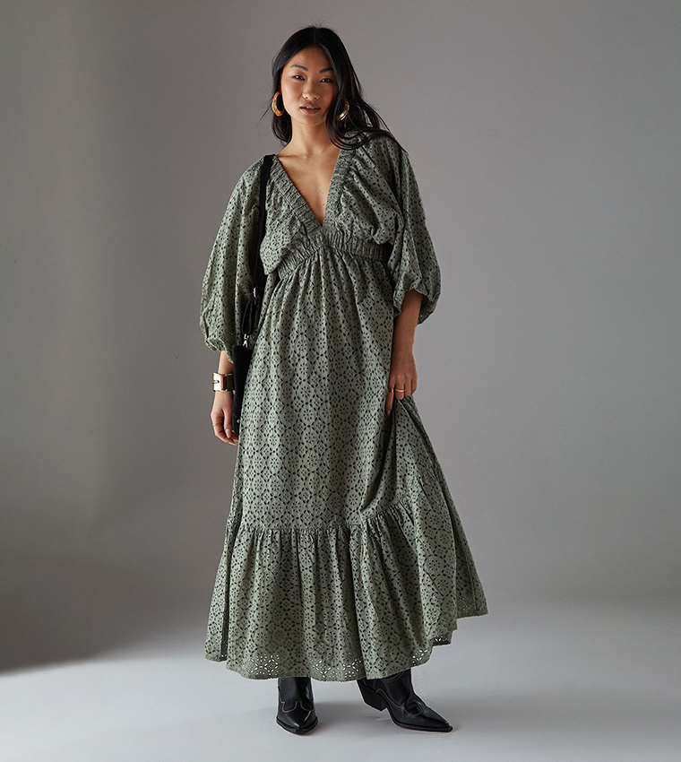 Petite Plunge Neck Volume Sleeves Smock Midi Dress