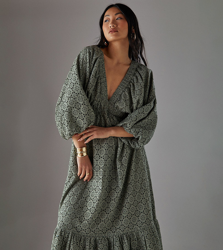 Petite Plunge Neck Volume Sleeves Smock Midi Dress