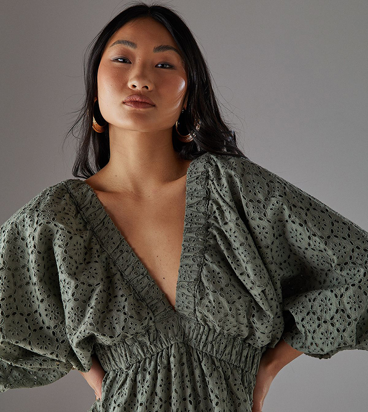 Petite Plunge Neck Volume Sleeves Smock Midi Dress