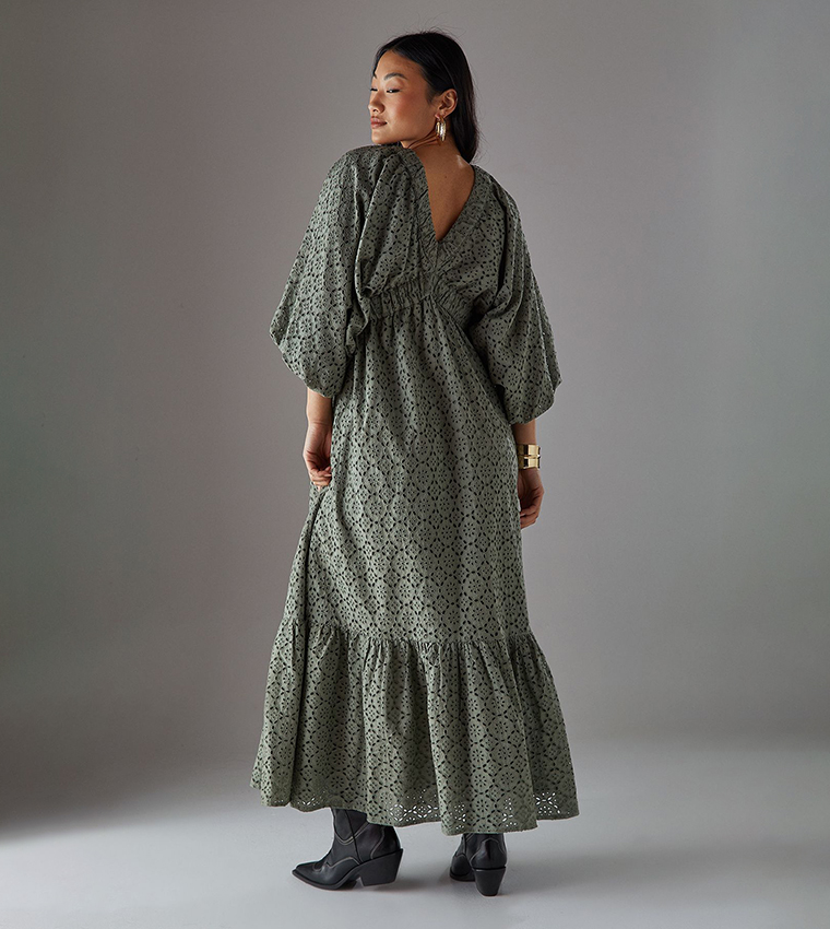 Petite Plunge Neck Volume Sleeves Smock Midi Dress