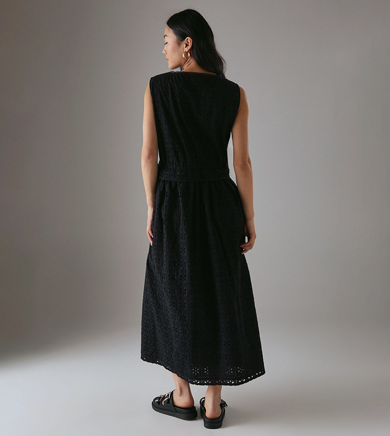 Petite Broderie Drawstring Detail Sleeveless Midi Sundress