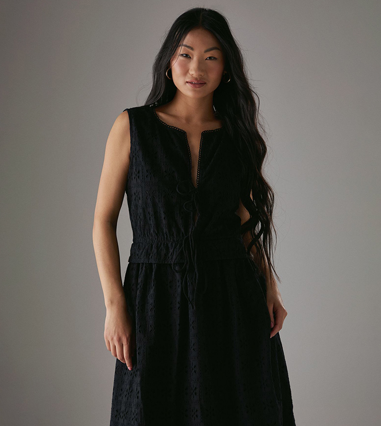 Petite Broderie Drawstring Detail Sleeveless Midi Sundress
