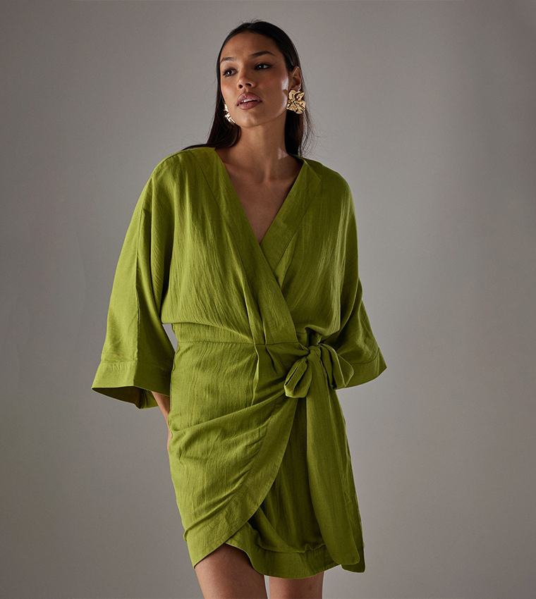 Linen Wrap Kimono Mini Dress