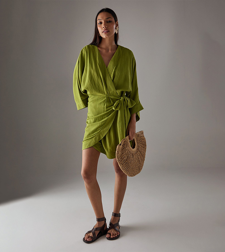 Linen Wrap Kimono Mini Dress