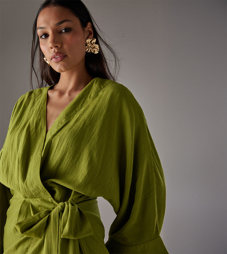 Linen Wrap Kimono Mini Dress
