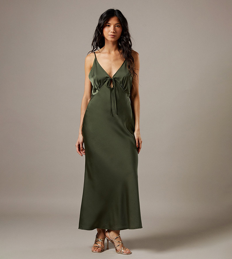 Satin Strappy Tie Front Maxi Slip Dress
