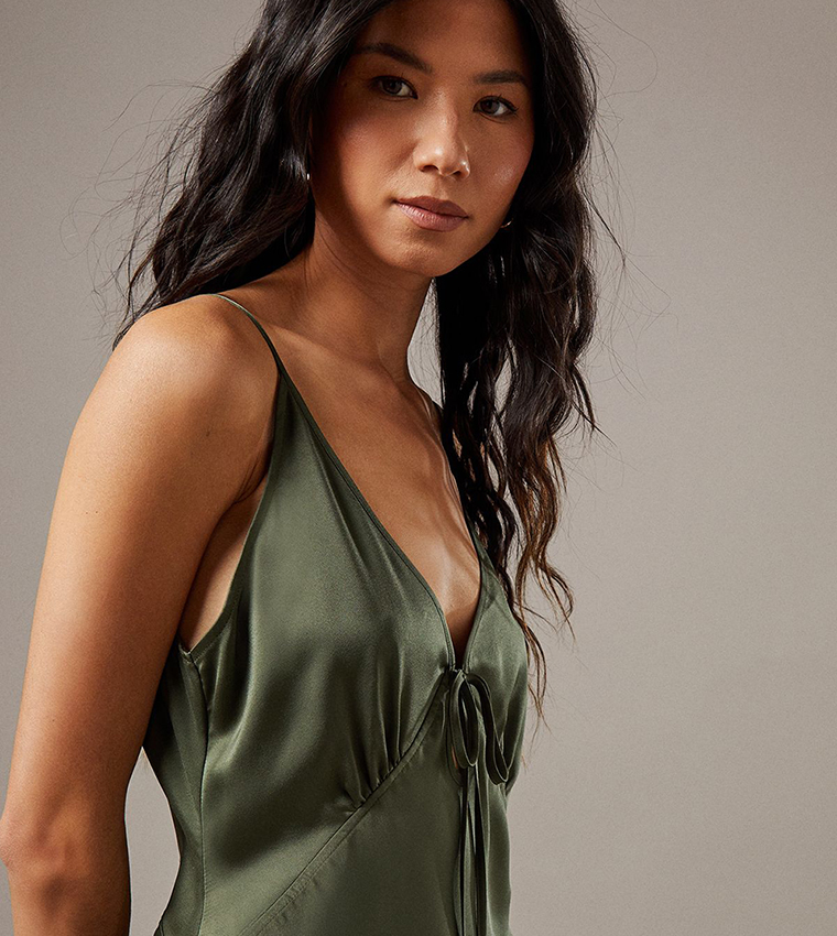 Satin Strappy Tie Front Maxi Slip Dress