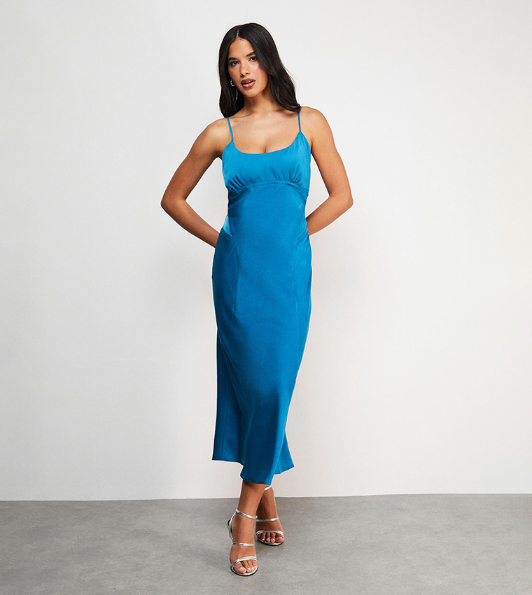 princess polly baby blue dress Buy Warehouse Satin Tie Bust Seam Strappy Midi Slip Dress In Blue