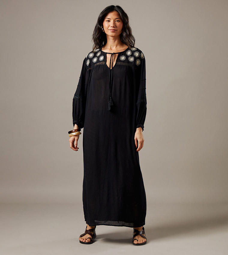 Cheesecloth Embroidered Trim Insert Maxi Dress