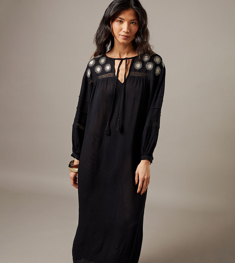 Cheesecloth Embroidered Trim Insert Maxi Dress
