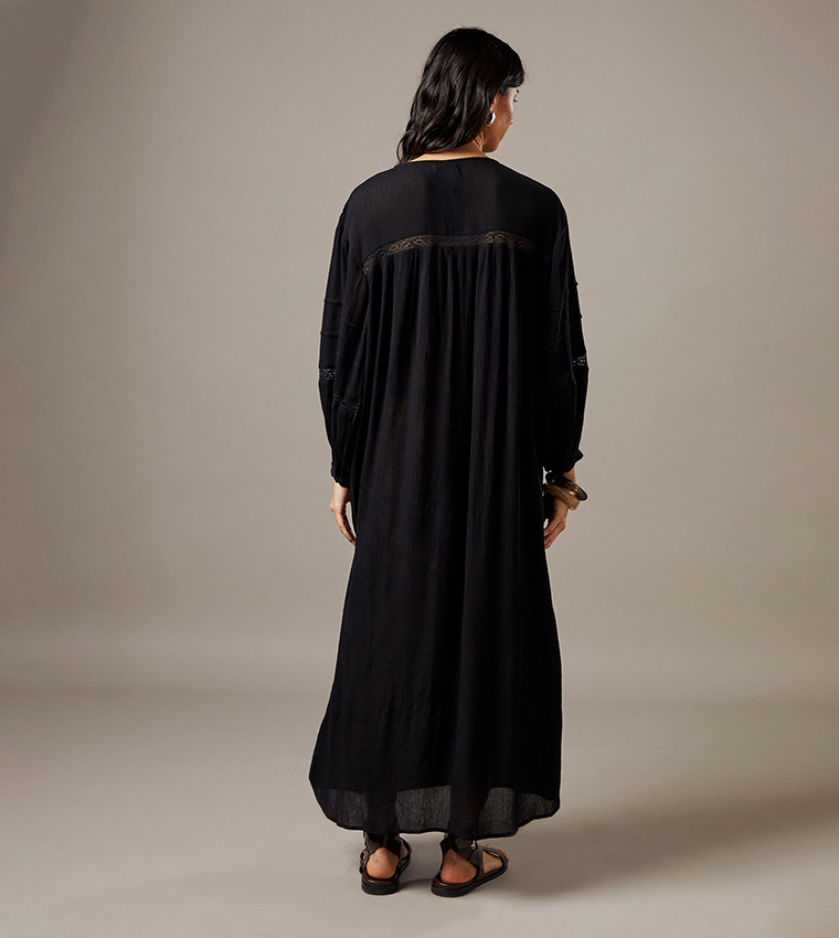 Cheesecloth Embroidered Trim Insert Maxi Dress