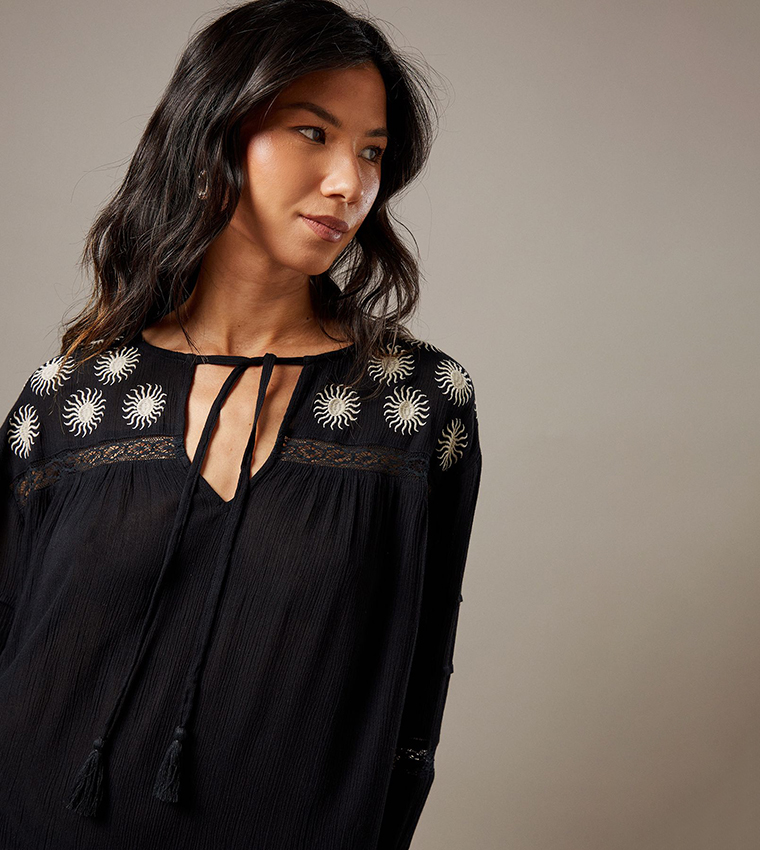 Cheesecloth Embroidered Trim Insert Maxi Dress