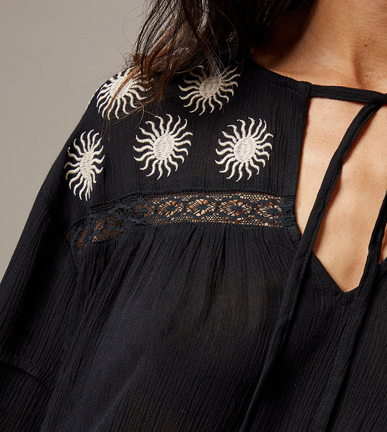 Cheesecloth Embroidered Trim Insert Maxi Dress