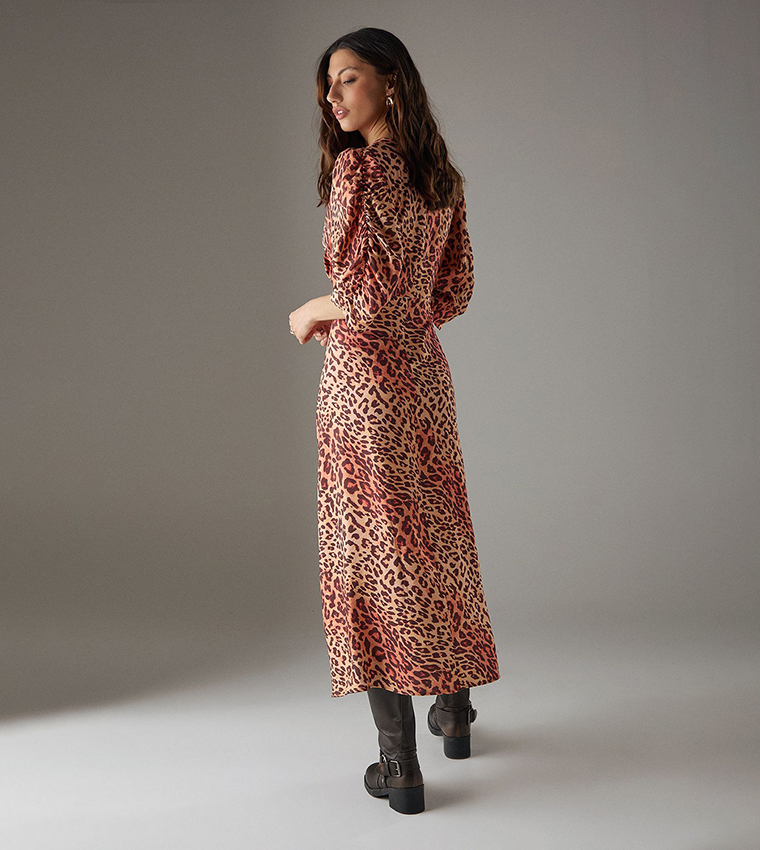 knee length dresses for ladies Printed Mesh Draped Midi Dress in Leopard Dark Brown