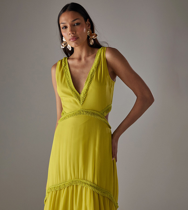Had Chiffon Fringe Trim Cut Out Maxi Dress