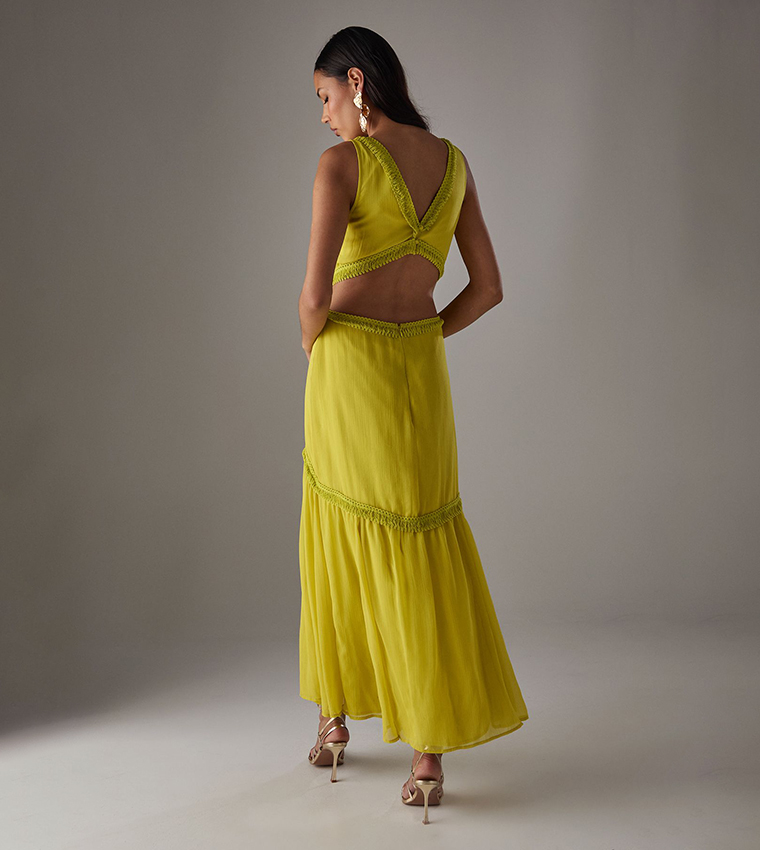 Had Chiffon Fringe Trim Cut Out Maxi Dress