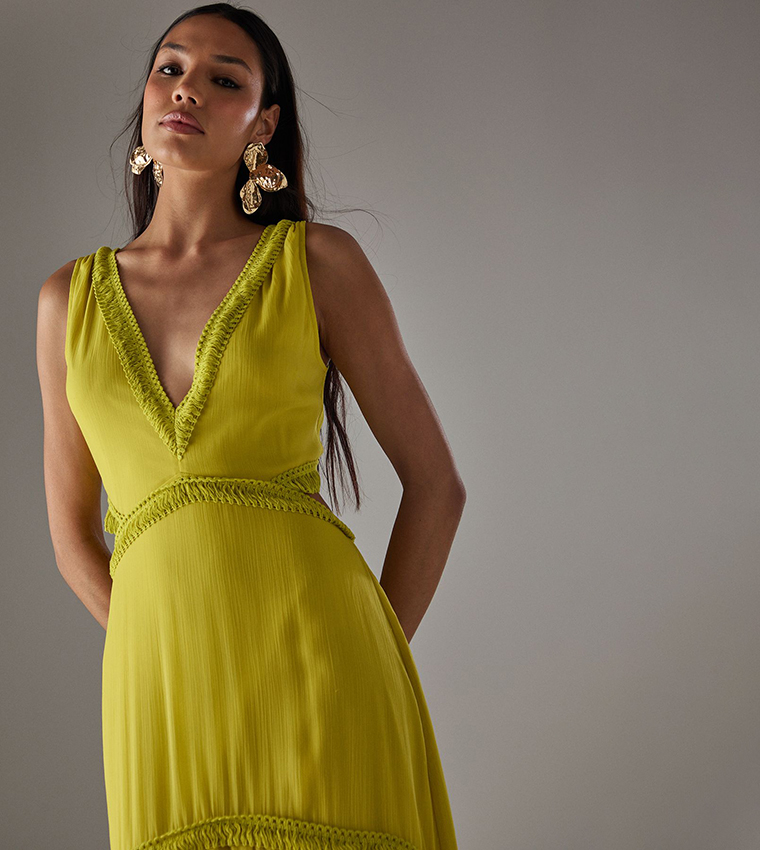 Had Chiffon Fringe Trim Cut Out Maxi Dress