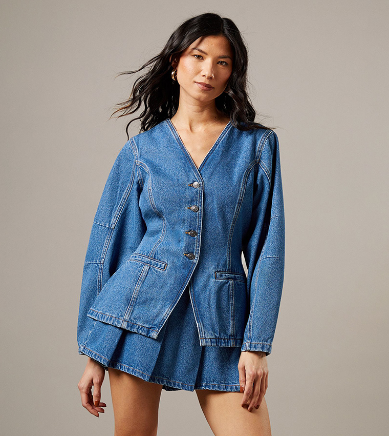 Balloon Sleeves Nipped Waist Denim Jacket