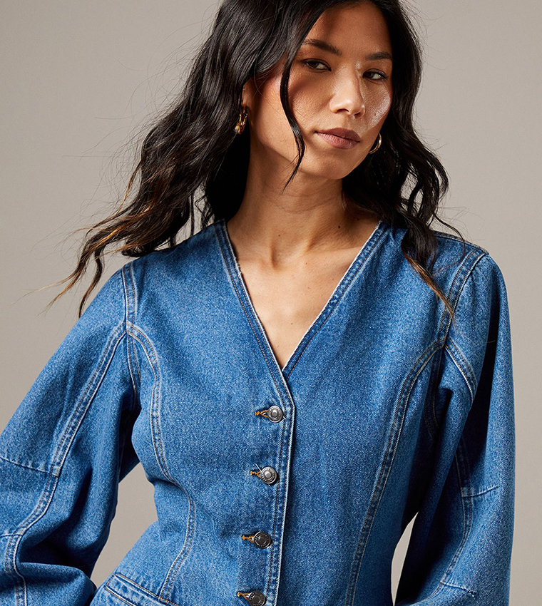 Balloon Sleeves Nipped Waist Denim Jacket