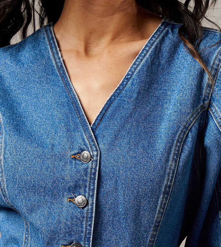 Balloon Sleeves Nipped Waist Denim Jacket