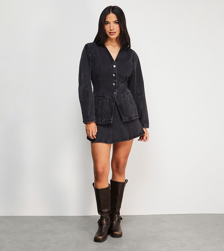 Nipped Waist Balloon Sleeves Denim Jacket