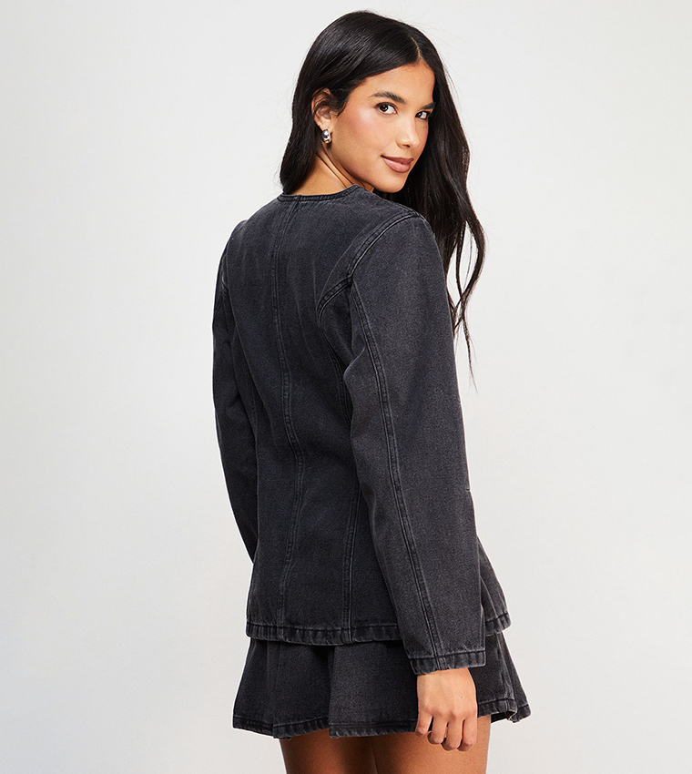 Nipped Waist Balloon Sleeves Denim Jacket