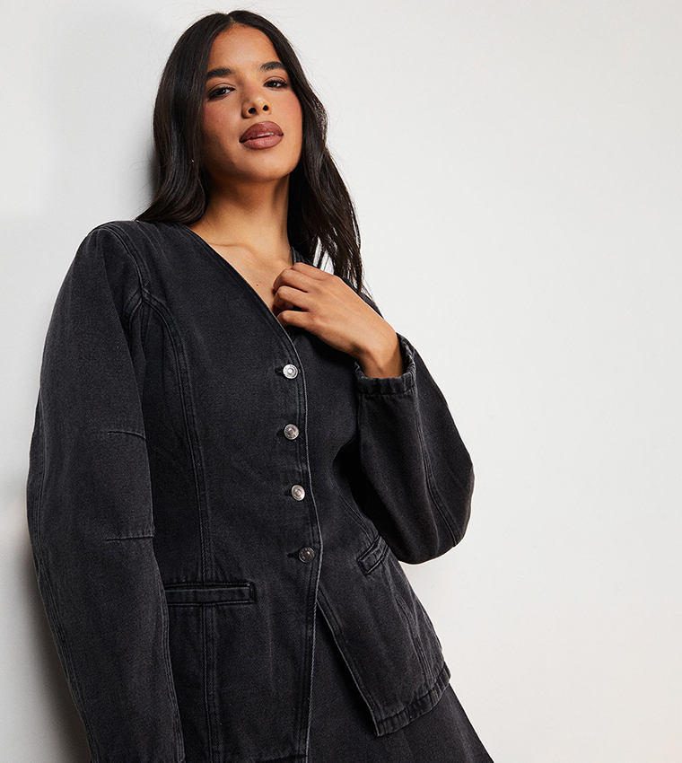 Nipped Waist Balloon Sleeves Denim Jacket