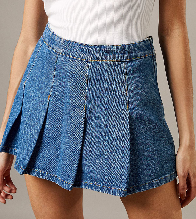 Denim Pleated Mini Skirt