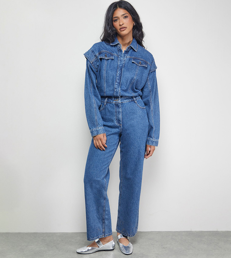 Tony Denim Jumpsuit with Stepped Shoulder Detail