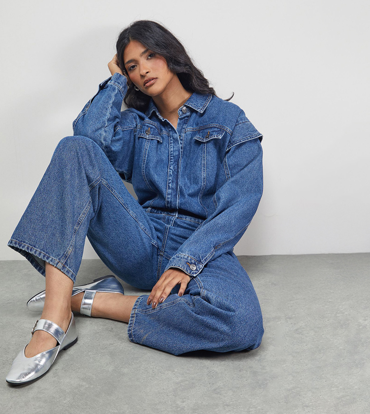 Tony Denim Jumpsuit with Stepped Shoulder Detail