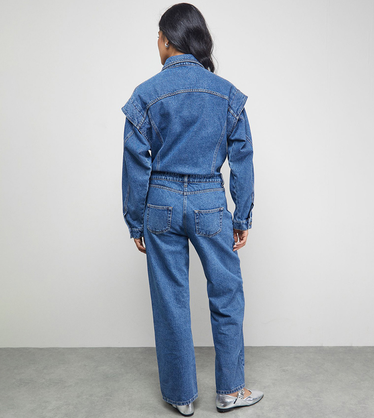 Tony Denim Jumpsuit with Stepped Shoulder Detail