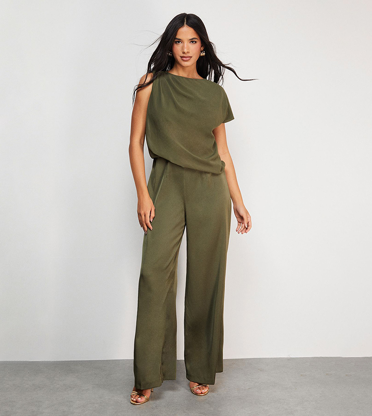 Buy Warehouse Satin Chiffon Mix One Shoulder Drape Jumpsuit In