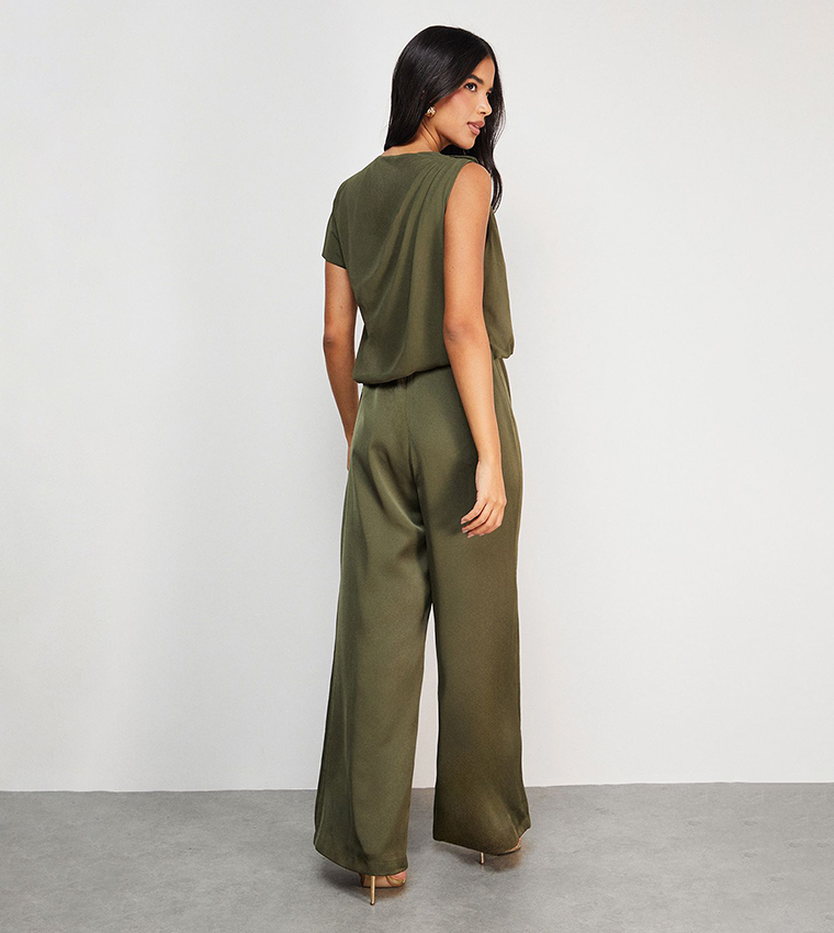 Satin Chiffon Mix One Shoulder Drape Jumpsuit