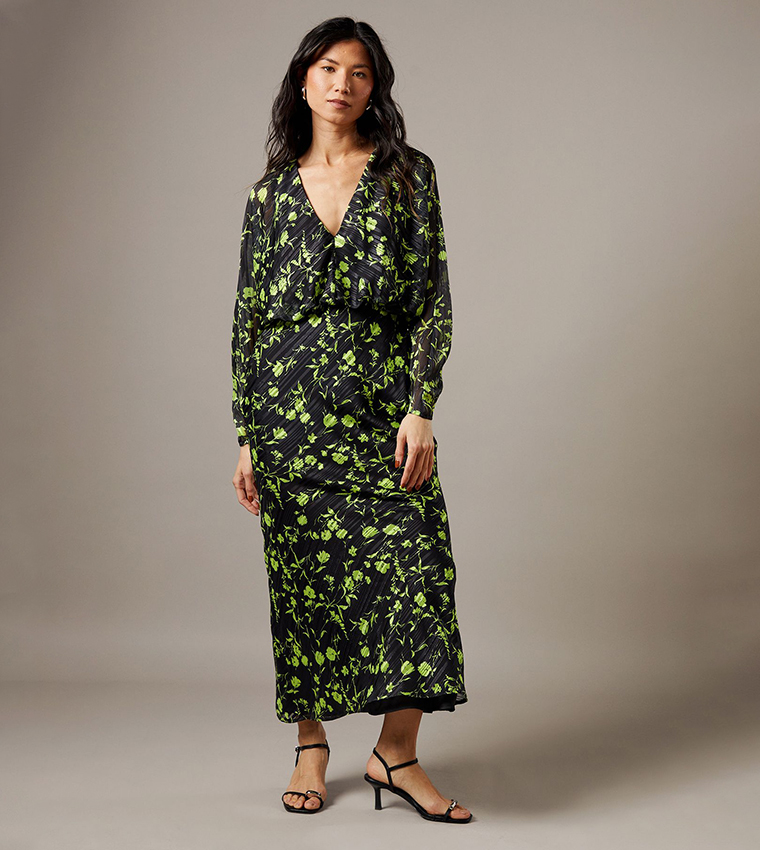 Buy Warehouse Printed Batwing Plunge Neck Midi Dress In Green | 6thStreet  Kuwait