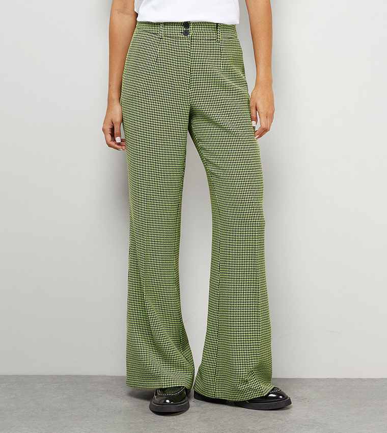Buy Warehouse Dogtooth High Waist Wide Leg Trousers In Green