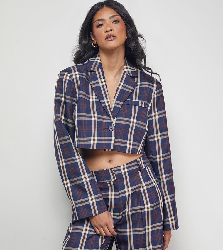 Plaid Lapel Collar Cropped Blazer