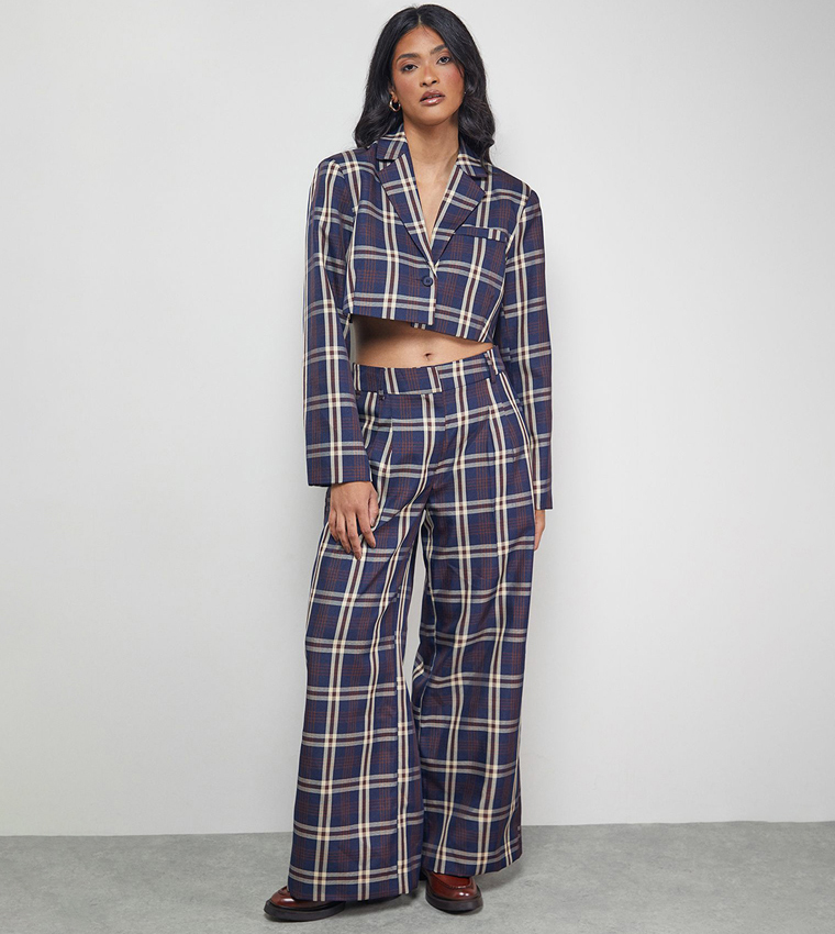 Plaid Lapel Collar Cropped Blazer