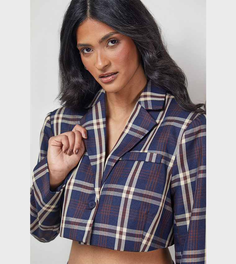Plaid Lapel Collar Cropped Blazer