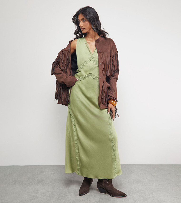 Buy Warehouse Satin Contrast Lace Midi Slip Dress In Green