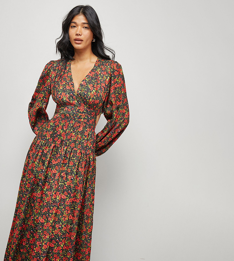 Premium Printed Satin Open Back Maxi Dress