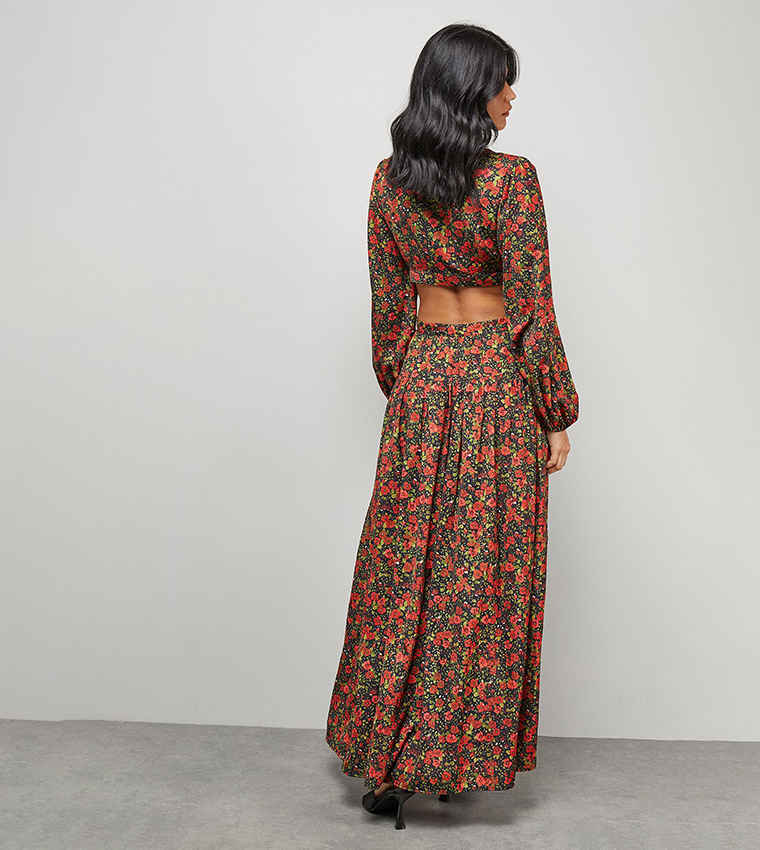 Premium Printed Satin Open Back Maxi Dress