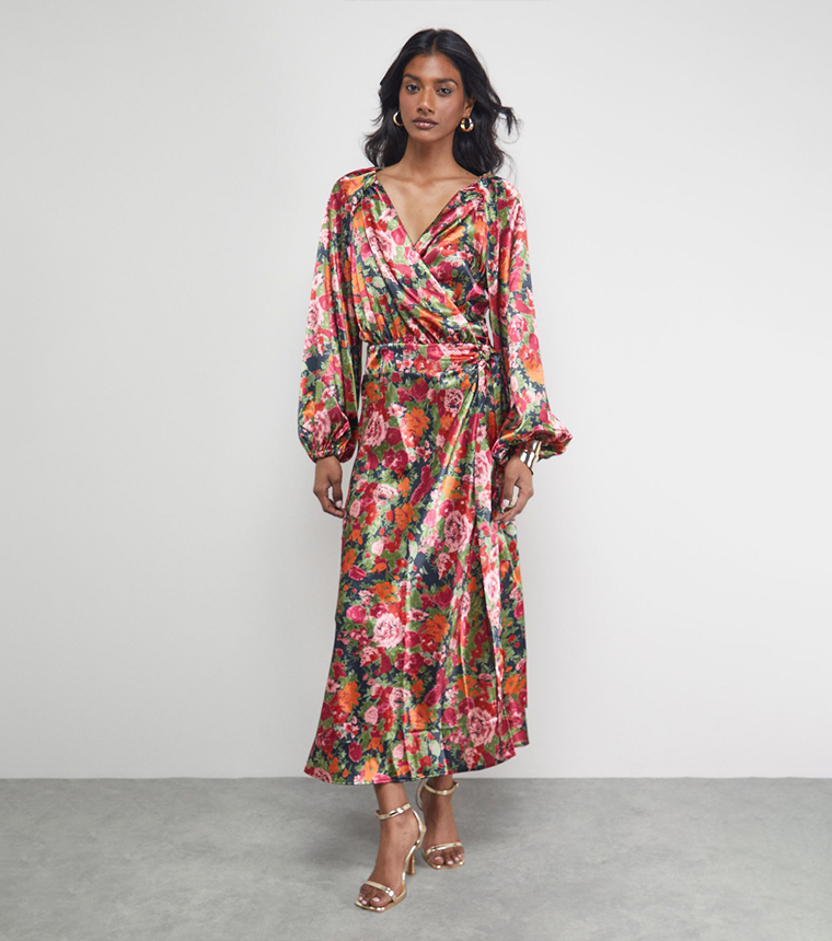 Patterned Satin Tie Waist Wrap Maxi Dress