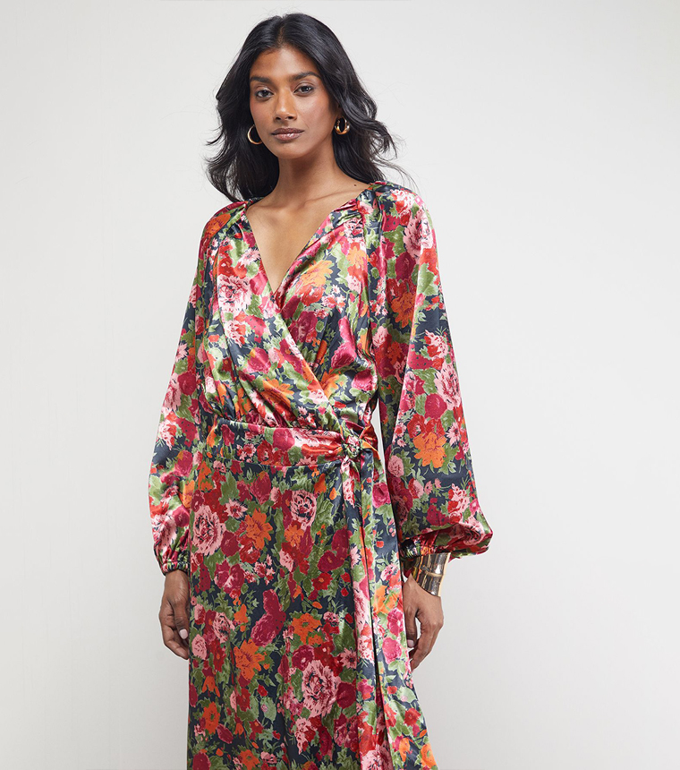Patterned Satin Tie Waist Wrap Maxi Dress