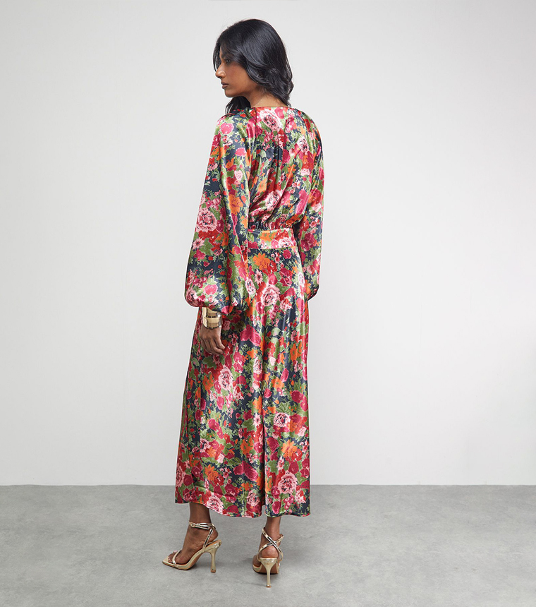 Patterned Satin Tie Waist Wrap Maxi Dress